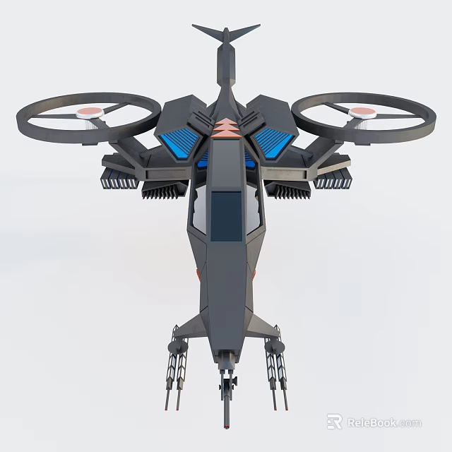 Futuristic Fighter Jet With Four Rotor Design Black Body And Blue Lights Mechanical Structure 3d model 