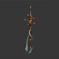 Ornate Staff Weapon With Sunburst Top Flames Green Gemstones And Ribbons