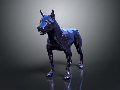 Low Poly 3D Dog Model With Metallic Blue Finish And Reflective Base 3d model