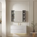 Modern Bathroom Vanity With White Countertop Gold Faucet Mirror Cabinet And Shelves