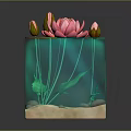 Transparent Cube Container With Pink Water Lily Green Lotus Leaves Aquatic Plants Sand And Pebbles