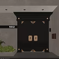 Modern Black Double Entrance Door With Metal Decor Frame House Number 902 And Greenery