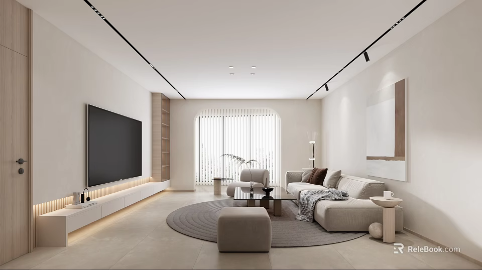 Modern Living Room With Beige Sofa Large TV Round Rug And Floor to Ceiling Windows 3d model 