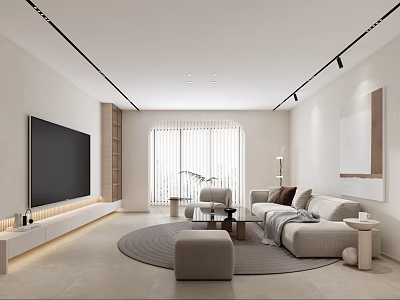 Modern Living Room With Beige Sofa Large TV Round Rug And Floor to Ceiling Windows 3d model