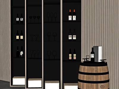 Modern Wine Cabinet With Open Shelves Holding Wine Bottles Glasses And Wooden Barrel 3d model