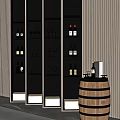 Modern Wine Cabinet With Open Shelves Holding Wine Bottles Glasses And Wooden Barrel