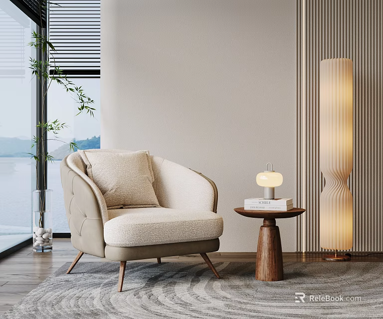 Modern Beige Single Sofa With Side Table Floor Lamp And Window Green Plant 3d model 