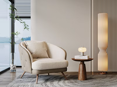 Modern Beige Single Sofa With Side Table Floor Lamp And Window Green Plant 3d model