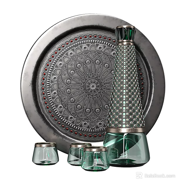 Ornamental Decorative Set Featuring Circular Tray Intricate Patterns Green Bottle Silver Accents Small Glass Cups 3d model 