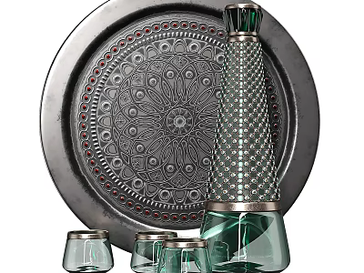 Ornamental Decorative Set Featuring Circular Tray Intricate Patterns Green Bottle Silver Accents Small Glass Cups 3d model