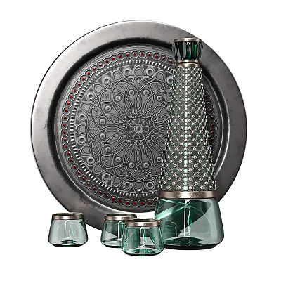 Ornamental Decorative Set Featuring Circular Tray Intricate Patterns Green Bottle Silver Accents Small Glass Cups 3d model