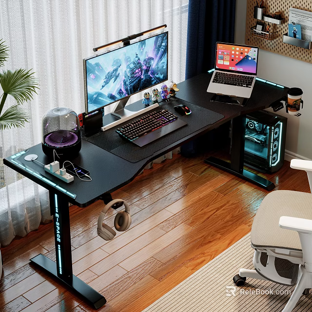 Black Entertainment Desk With Dual Monitors Laptop Keyboard Mouse Headphones And RGB Lighting 3d model 