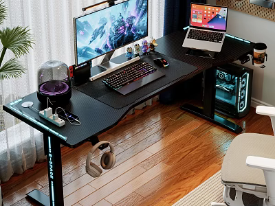 Black Entertainment Desk With Dual Monitors Laptop Keyboard Mouse Headphones And RGB Lighting 3d model