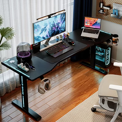 Black Entertainment Desk With Dual Monitors Laptop Keyboard Mouse Headphones And RGB Lighting 3d model