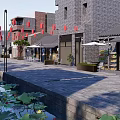 Traditional Commercial Street With Stone Paved Path Hanging Lanterns And Green Trees