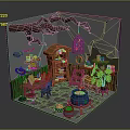 Wizard And Pet Bird In Magical Workshop With Cauldron Bookshelf Ladder And Plants