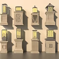 Outdoor Lights In Various Designs With Stone Pedestals And Decorative Patterns 3d model