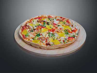 Delicious Pizza Topped With Fresh Vegetables Chicken And Cheese On Wooden Board 3d model