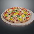 Delicious Pizza Topped With Fresh Vegetables Chicken And Cheese On Wooden Board