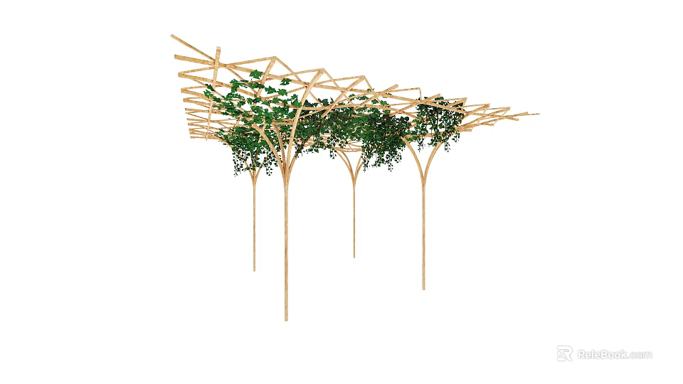 Natural Wooden Pergola With Interlaced Top Green Climbing Vines And Supporting Pillars 3d model 