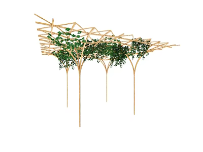 Natural Wooden Pergola With Interlaced Top Green Climbing Vines And Supporting Pillars 3d model