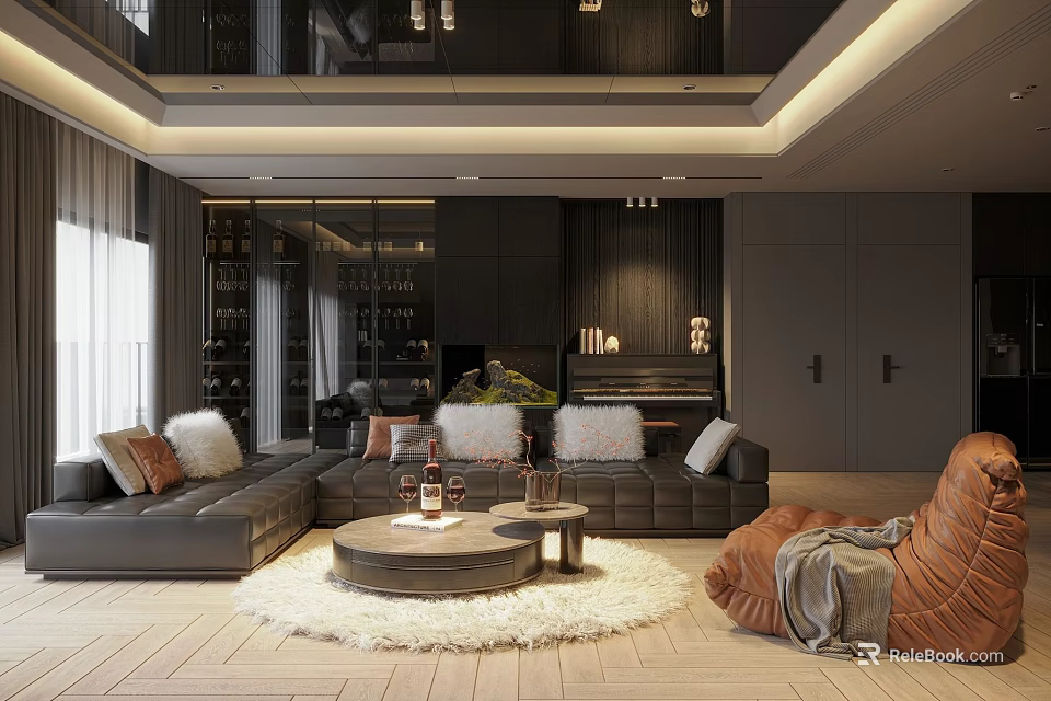 Modern Living Dining Room Design With Gray Sofa White Rug Round Coffee Table Brown Armchair 3d model 