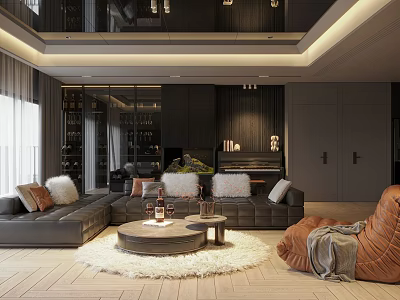 Modern Living Dining Room Design With Gray Sofa White Rug Round Coffee Table Brown Armchair 3d model