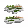 Set of Irregular Stone Flower Planters With Green Plants And Ornamental Grass