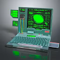 Vintage Sci Fi Laptop With Green Screen Control Panel And Cables 3d model
