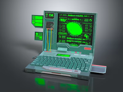 Vintage Sci Fi Laptop With Green Screen Control Panel And Cables 3d model