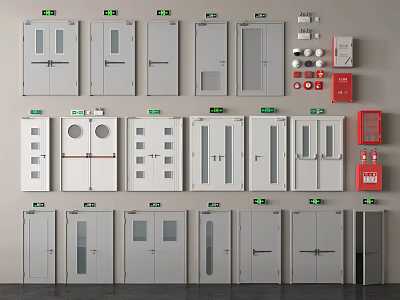 Collection of Emergency Exit Doors With Green Signs And Red Fire Safety Equipment 3d model