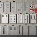 Collection of Emergency Exit Doors With Green Signs And Red Fire Safety Equipment