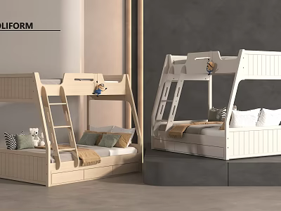 Modern Bunk Beds Interior With Wooden Frame Ladder Soft Pillows And Toys 3d model