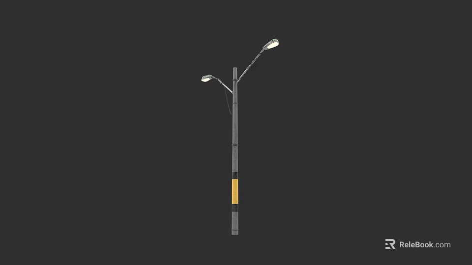 Outdoor Street Light With Double Arms Gray Pole And Yellow Stripe 3d model 