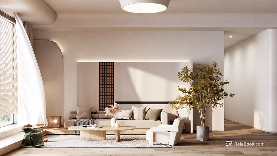 Modern Living Room Interior With Arched Design Beige Sofa Wooden Coffee Table And Green Plant 3d model 