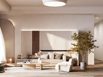 Modern Living Room Interior With Arched Design Beige Sofa Wooden Coffee Table And Green Plant 3d model