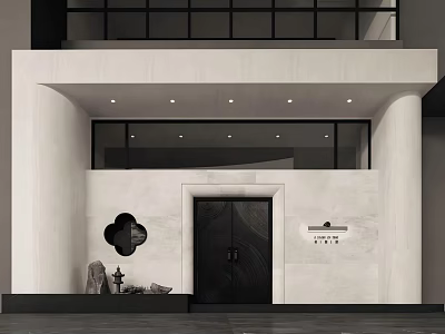Modern Sales Office Exterior With White Facade Black Door And Glass Windows 3d model