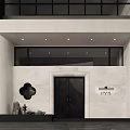 Modern Sales Office Exterior With White Facade Black Door And Glass Windows