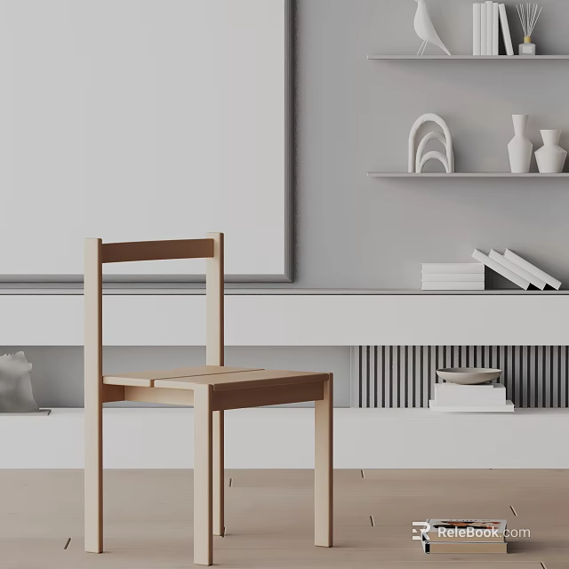 Minimalist Modern Light Wood Dining Chair with Gray Wall White Shelves Vases and Books 3d model 