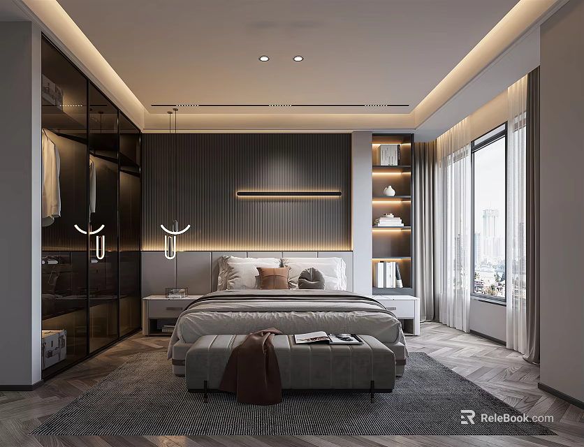 Modern Bedroom Interior With Bed Wardrobe Bench And Natural Window Light 3d model