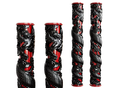 Ornate Carved Black and Red Traditional Pillars Featuring Detailed Dragon Patterns 3d model