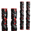 Ornate Carved Black and Red Traditional Pillars Featuring Detailed Dragon Patterns