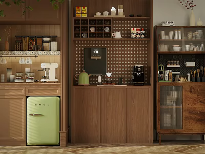 Cozy Modern Kitchen Sideboard With Wooden Cabinets Green Mini Fridge And Coffee Machine 3d model