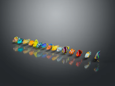 Commercial Fish Display Equipment Featuring Colorful Fish Arrangement And Grey Background Reflection 3d model