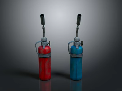 Red and Blue Safety Fire Extinguishers Standing Side by Side on Dark Surface 3d model