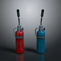 Red and Blue Safety Fire Extinguishers Standing Side by Side on Dark Surface