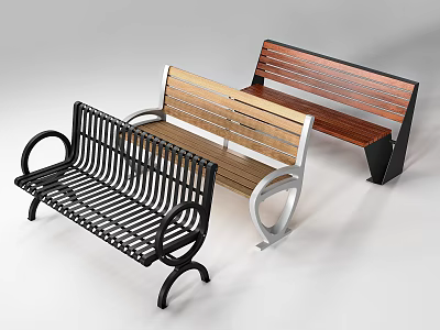 Outdoor Benches With Different Materials Metal And Wood Frames Stylish Designs 3d model
