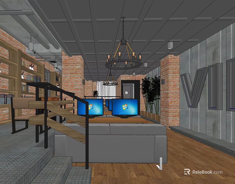 Modern Internet Cafe Interior With Brick Walls Chandelier Wooden Bookshelves And Computers With Blue Screens 3d model 