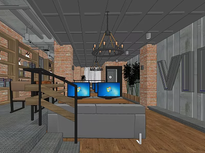 Modern Internet Cafe Interior With Brick Walls Chandelier Wooden Bookshelves And Computers With Blue Screens 3d model