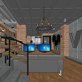 Modern Internet Cafe Interior With Brick Walls Chandelier Wooden Bookshelves And Computers With Blue Screens